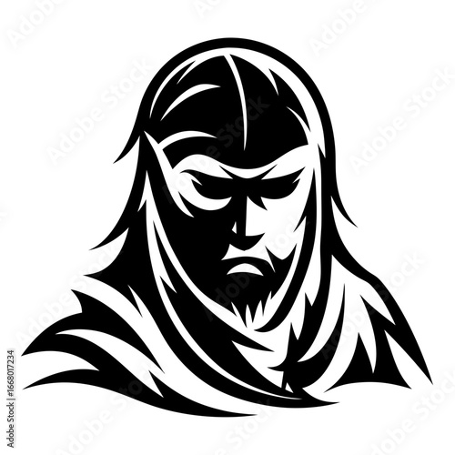 Medieval warrior with hood illustration-Black and white vector illustration of a stern medieval warrior wearing a hooded cloak, depicted with sharp lines and shadows to emphasize strength, mystery, an