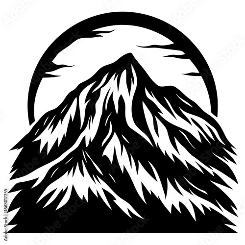 Majestic mountain peak with sun or moon illustration-Black and white vector illustration of a towering mountain peak with rugged slopes and a large sun or moon rising behind it, symbolizing strength, 