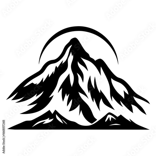 Mountain silhouette with sun or moon in black and white-Black and white vector illustration of a rugged mountain peak with smaller surrounding mountains and a sun or moon arching above, representing a