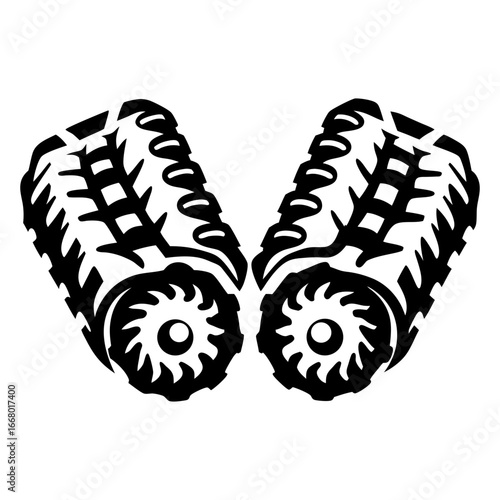 Tracked vehicle wheels illustration-Black and white vector illustration of two heavy-duty tracked wheels, resembling tank or construction machinery tracks, symbolizing strength, durability, and indus