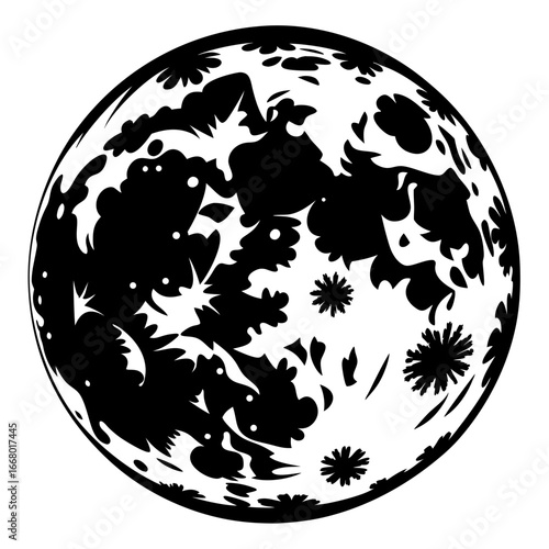 Black and white full moon illustration with craters-Vector illustration of the full moon in black and white, featuring crater details and textured lunar surface, symbolizing astronomy, night, and cel