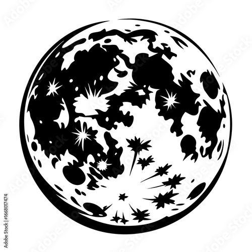 Full moon with craters black and white illustration-Black and white vector illustration of the full moon showing crater patterns and textured surface, symbolizing space, night sky, and astronomy.