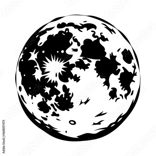 Full moon black and white illustration-Black and white vector illustration of the full moon with detailed craters and surface texture, symbolizing night, space, astronomy, and mystery.