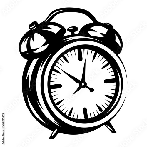 Vintage alarm clock black and white illustration-Black and white drawing of a classic alarm clock with bells, representing time, waking, punctuality, and retro style design.