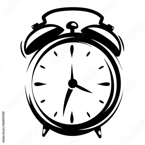 Ringing alarm clock black and white illustration-Black and white vector drawing of a vintage alarm clock with bells, symbolizing time, urgency, punctuality, and morning wake-up routines.