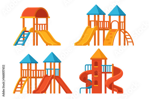Children's playground equipment set. Colorful outdoor park structures with slides for fun and recreation. Kids play area and school yard activity. Vector cartoon illustration.