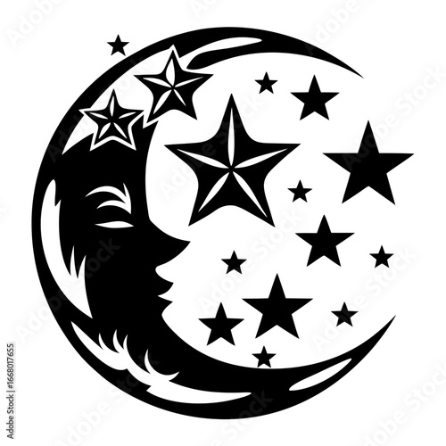 Crescent moon with face and stars illustration-Black and white vector illustration of a crescent moon with a human face surrounded by stars, symbolizing night, mystery, and cosmic beauty.
