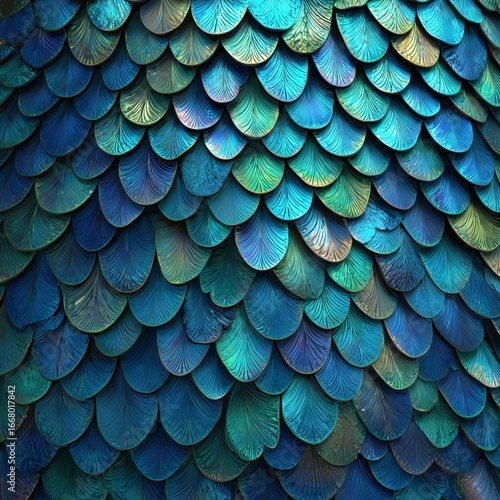 Wallpaper Mural Seamless fish scale texture with iridescent blues, silvers, and greens, ultra-detailed and photorealistic for 3D aquatic creatures and games. Torontodigital.ca