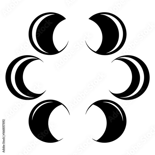 Crescent moon pattern in circular arrangement-Black and white design of six crescent moons forming a circular pattern, symbolizing night, lunar cycles, mysticism, and celestial themes.