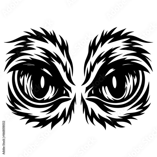 Scary monster eyes vector illustration-Black and white vector illustration of creepy monster eyes with sharp, furry outlines, creating an intense and frightening stare. Perfect for horror, spooky, and