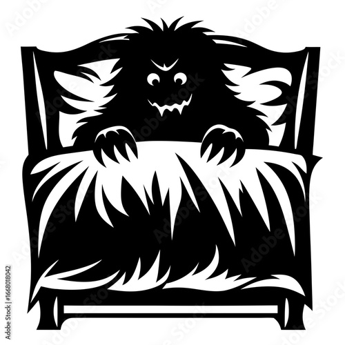 Scary monster hiding in bed vector illustration-Black and white vector illustration of a creepy monster with sharp claws and an evil grin sitting up in bed, symbolizing nightmares, bedtime fears, and 