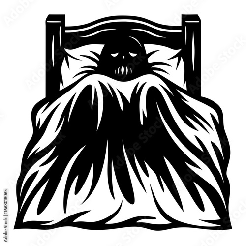 Creepy monster hiding in bed vector illustration-Black and white vector illustration of a scary monster lurking under the blankets in a bed, symbolizing nightmares, fear of the dark, and spooky bedtim