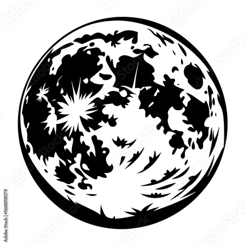 Full moon with craters black and white vector illustration-Black and white vector illustration of the full moon with detailed craters and surface textures, symbolizing night, space, astronomy, mystery