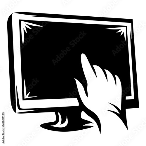 Touchscreen computer monitor vector illustration-Black and white vector illustration of a hand touching a computer monitor screen, designed in a bold tribal-inspired style to represent touchscreen tec