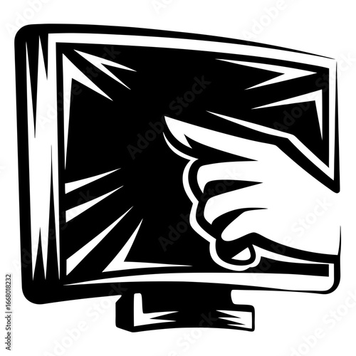 Hand touching computer monitor vector illustration-Black and white vector illustration of a hand pointing and touching a computer monitor screen, drawn in a bold tribal-inspired style to symbolize tou