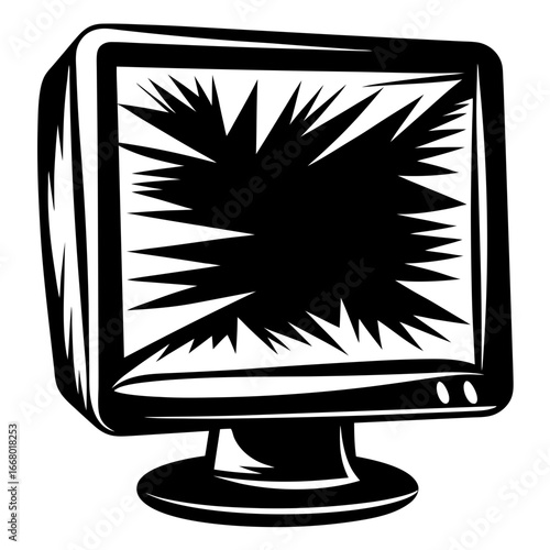 Broken computer monitor vector illustration-Black and white vector illustration of a computer monitor with a shattered or cracked screen, designed in a bold tribal-inspired style to symbolize technolo