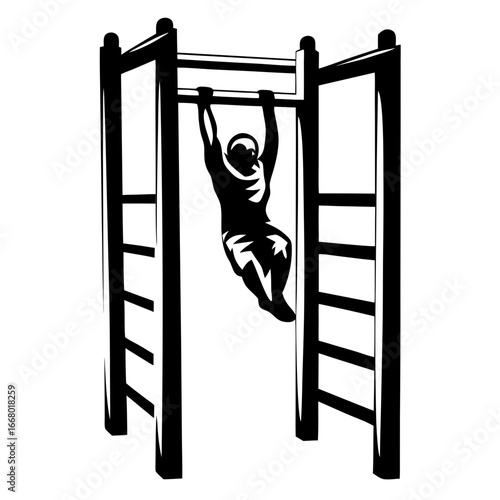 Man hanging on monkey bars vector illustration-Black and white vector illustration of a man exercising by hanging from monkey bars, symbolizing strength, endurance, and fitness training in a minimali