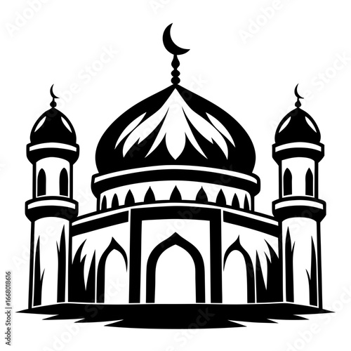 Islamic mosque illustration with dome and minarets-Black and white vector illustration of a traditional mosque featuring a large dome, crescent moon symbol, and surrounding minarets.