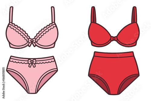 Vector illustration of two women's lingerie sets. Pink lacy bra and panties and modern red high-waist underwear. Female fashion undergarment collection isolated.