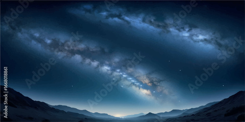 The luminous milky way galaxy arcs across a dark, starfilled night sky over a vast, mountainous landscape