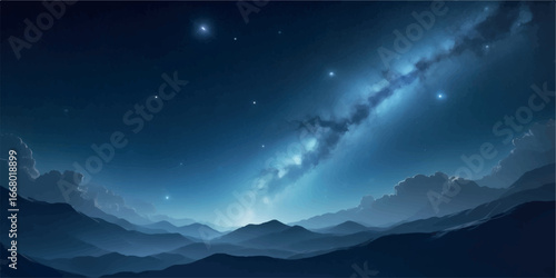 Vast mountain range under a starry night sky with the milky way galaxy stretching across the dark blue expanse