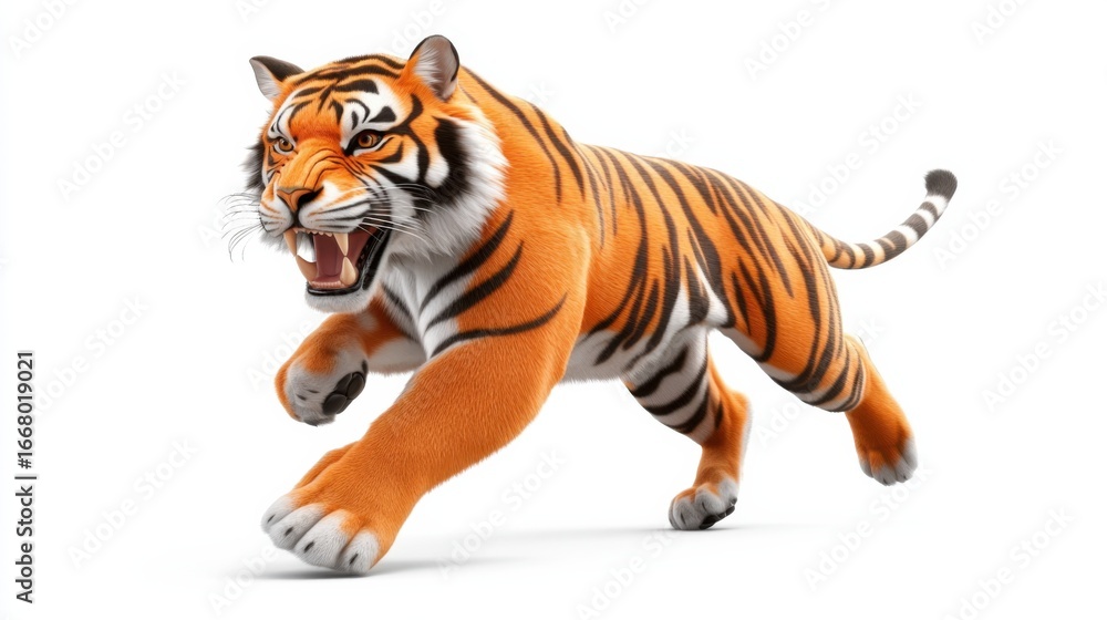 Obraz premium Fierce running tiger with striking stripes on white background
