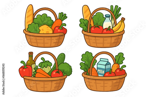 Market basket collection with fresh groceries. Shopping at a local farmer's market. Vector cartoon icons of healthy food, vegetables, fruit, bread, milk, and cheese.