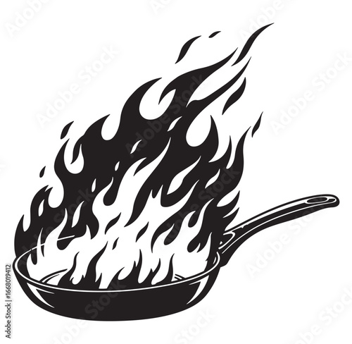 Vector illustration of a frying pan with food ablaze and engulfed in flames on white backdrop