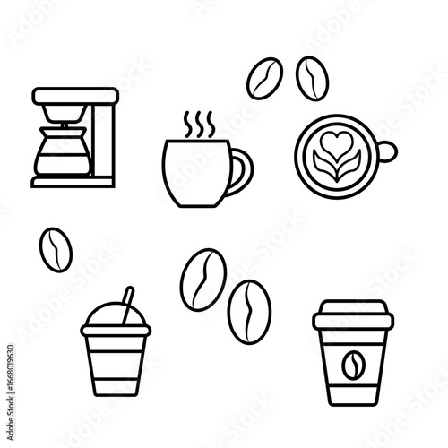 coffee icons set Minimalist line art illustration set with coffee theme. Includes cups, beans, mugs, coffee pot, and decorative autumn-inspired doodles. Perfect for design and print.