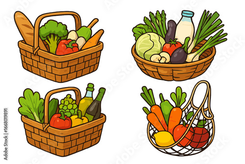 Set of market baskets with fresh groceries. Vector cartoon illustration of healthy food, organic produce, vegetables, fruits, bread, milk. Farmer's market shopping concept.