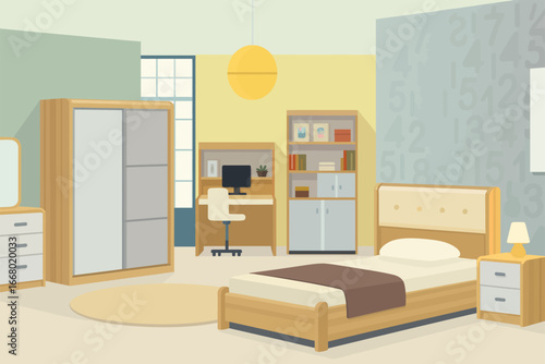 Stylish modern bedroom interior design with study area offering comfort and sophistication for a peaceful night
