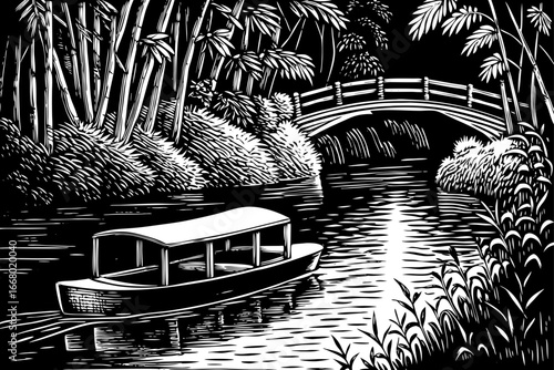 Japanese sampan boat drifting on quiet river, cultural symbol in elegant black and white sketch.