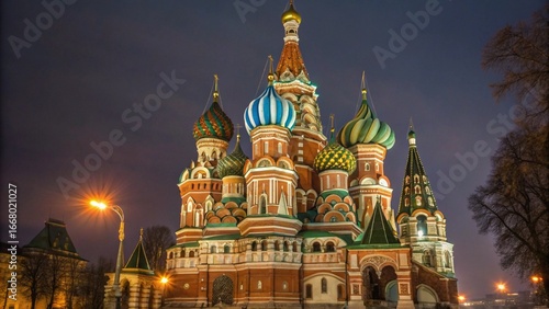 Low Angle Night View of Saint Basil Cathedral in Moscow Russia with Illuminated Domes