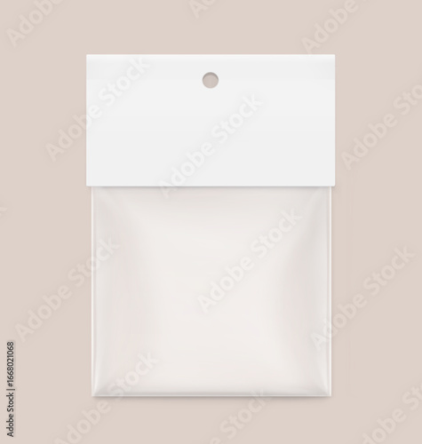 Clear plastic bag with paperboard label mockup. Vector illustration isolated on white background. Ready for your design, promo, adv. EPS10.