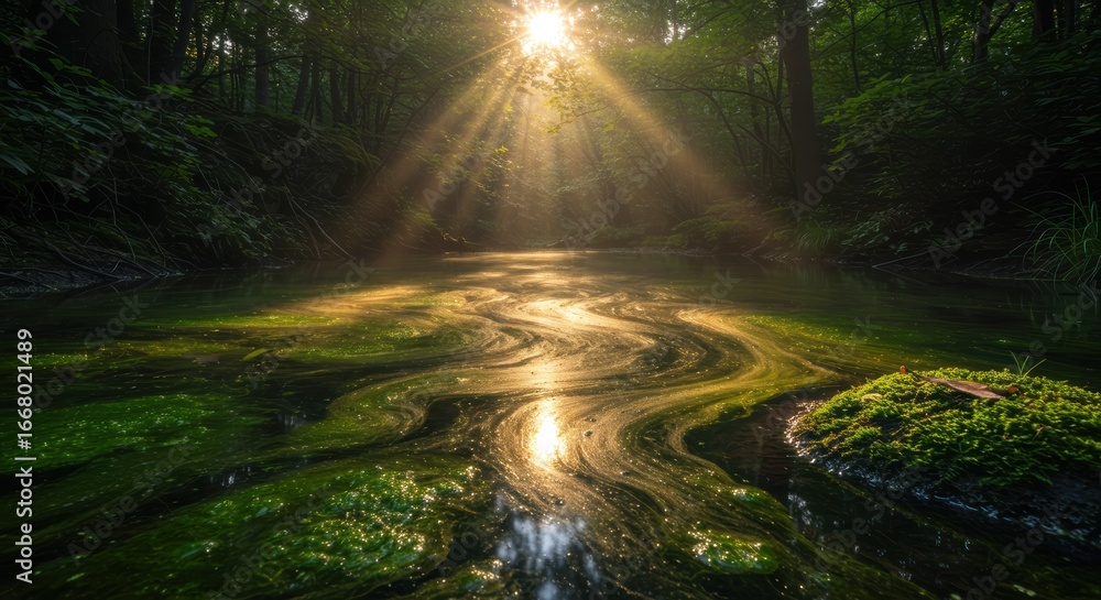 Naklejka premium Sunbeams Shining on an Algae-Covered River, Natural Forest Ecosystem and Serene Scenery
