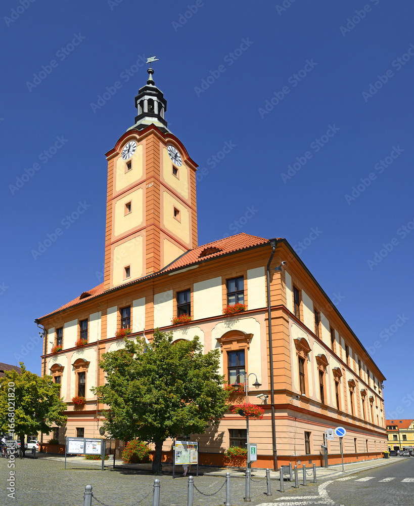 Naklejka premium Susice Town Hall - It dates from the end of the 16th century, but did not acquire its present appearance until the middle of the 19th century. Bohemia, Czech Republic