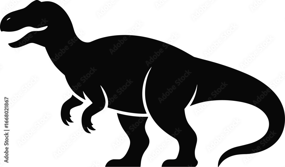 Naklejka premium Black silhouette of a dinosaur with open mouth and sharp claws prehistoric ancient