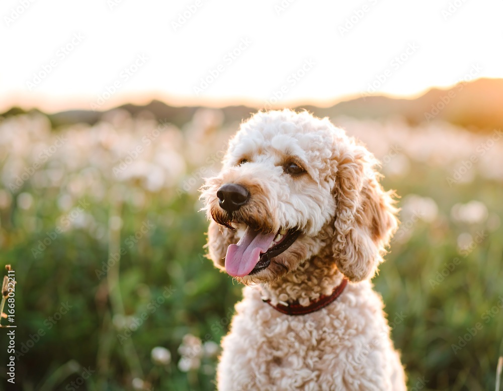 Fototapeta premium Fluffy dog in a field at sunset