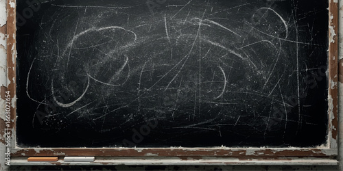 A worn and scratched blackboard with chalk marks and a wooden frame, representing education and learning