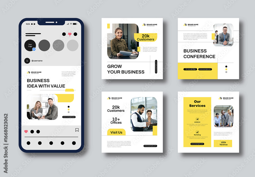 Business Social Media Layout Posts with Yellow Accent Stock Template ...