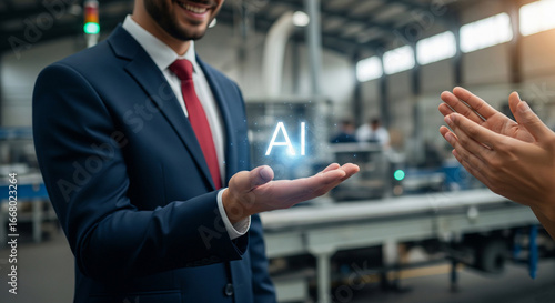 Smiling businessman proposing an AI-based solution in a factory and the hands of a delighted customer