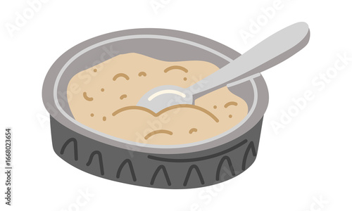 Kneading dough in a plate, stirring with a spoon. Dough for baking. Flat color isolated illustration. Any dishes made from dough. Mixed ingredients for a pie in a mold. Dough for pizza and other
