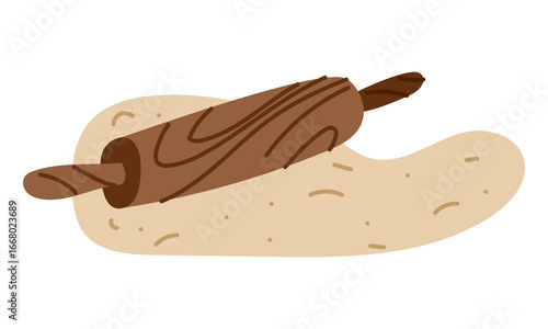 wooden rolling pin is used to roll out dough. Puff pastry dough, yeast dough for baking. Flat color illustration. Any dough-based dishes. Pizzas, pasta, croissants. Any dish made from thin dough