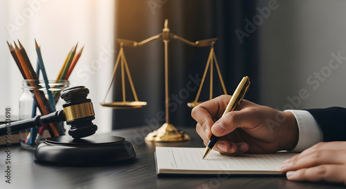 Lawyer drafting legal documents with justice scales and gavel symbolizing fairness and legal