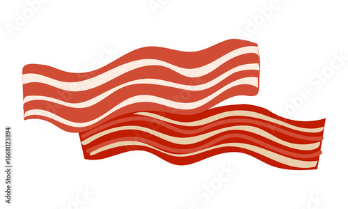 Two strips of bacon, one covering the other. Fresh bacon, thin slices. Top view. Flat color isolated illustration. Breakfast food with scrambled eggs, slices on burger, and other dishes. Meat product