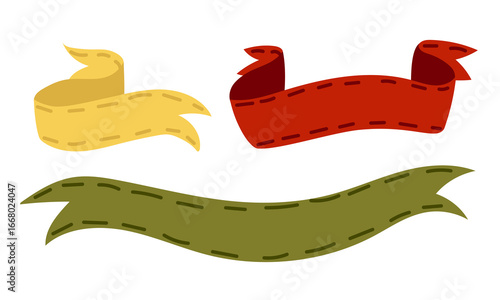 A set of colored ribbons for writing. Ribbons with split edges and hand-sewn colored threads are developing in the wind. A flat colored isolated illustration. Side view. Green, red, yellow. Collection