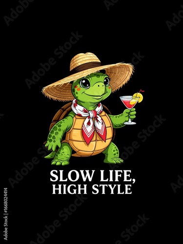 Cartoon Turtle with Cocktail and Text 