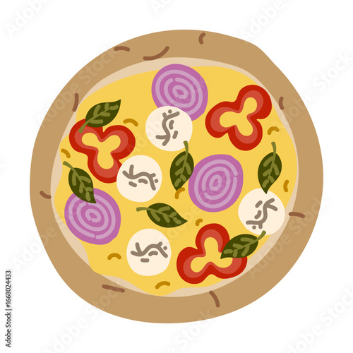 Ready round pizza with top. Bright topping. Cheese sauce, mozzarella, onion, red pepper, spinach. Flat color illustration. Fast food, homemade pizza. Handmade. Marketing for pizzeria.