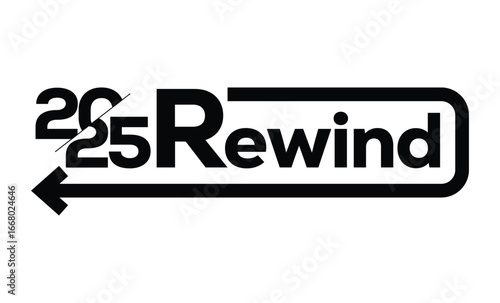 Minimalist black and white graphic design featuring "2025 Rewind" in bold sans-serif font, with rewind arrow, rectangular frame, and modern symmetrical layout.