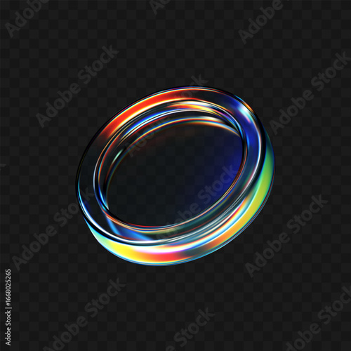 3D transparent glass coin icon with holographic effect, isolated on dark background. Render of iridescent flying glassy coin, game token, casino chip, digital currency or reward medal. 3D vector